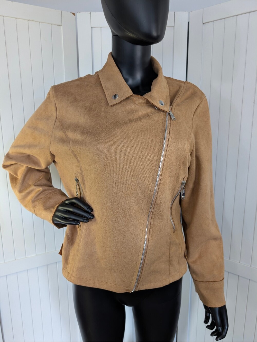 Womens XL Camel Tan Faux Suede Moto Jacket Asymmetrical Zip Cropped Biker
